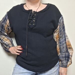 Miss Me Black Long Sleeve Corset Lace Up Plaid Shirt Size Small